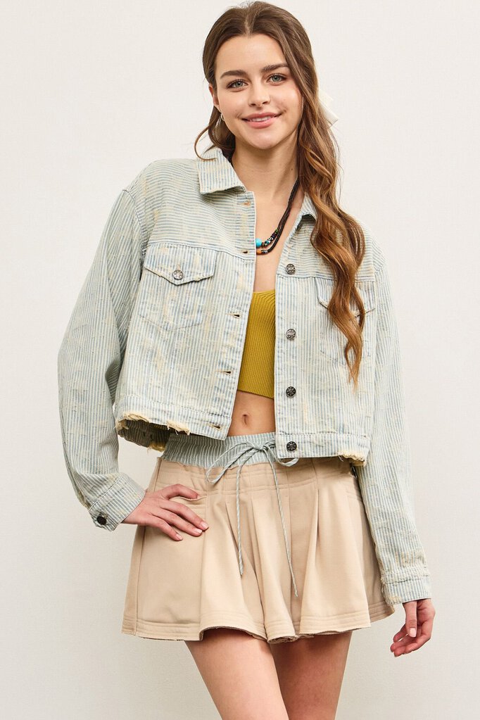 MUSTARD SEED Striped Star jaquard Denim Distressed Jacket