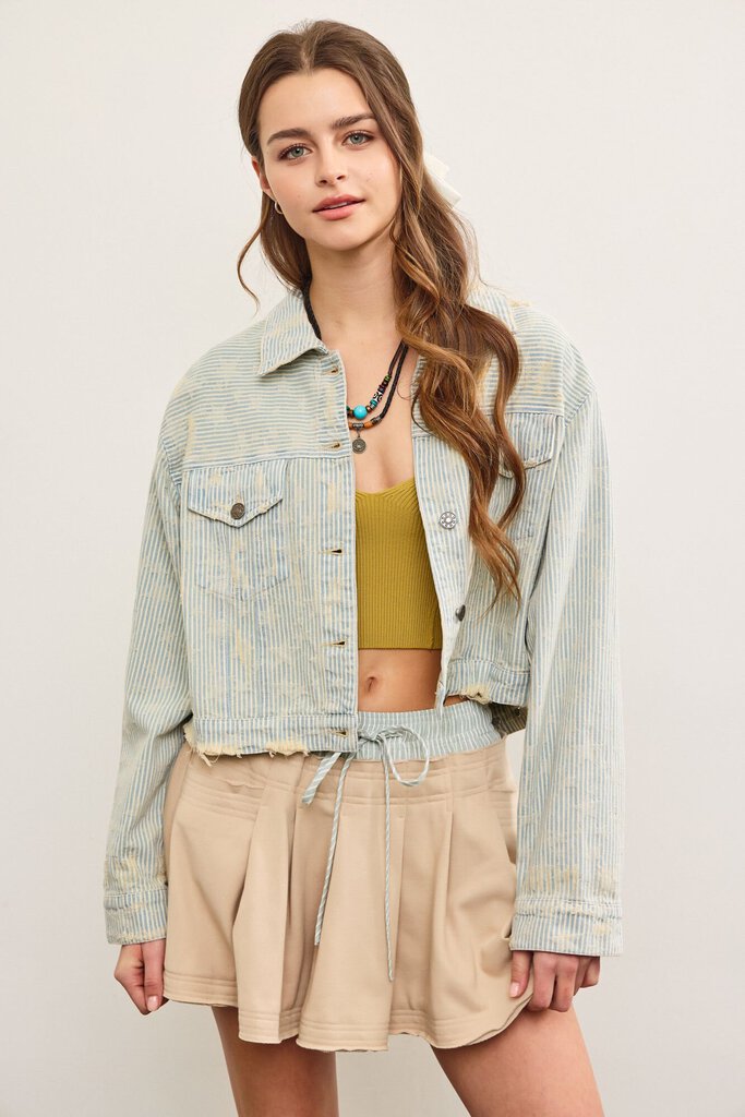 MUSTARD SEED Striped Star jaquard Denim Distressed Jacket