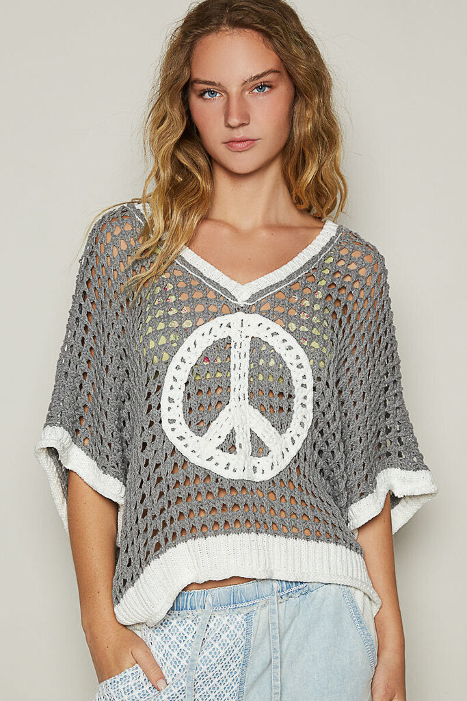 POL Grey and White V-neck Peace Top