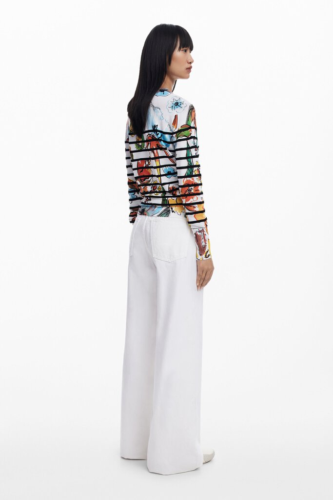 DESIGUAL Roung-neck Stripe & Floral Long Sleeve Sweater Top