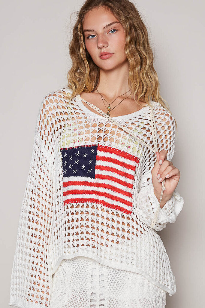 POL Long Sleeve White Hoodie with American Flag