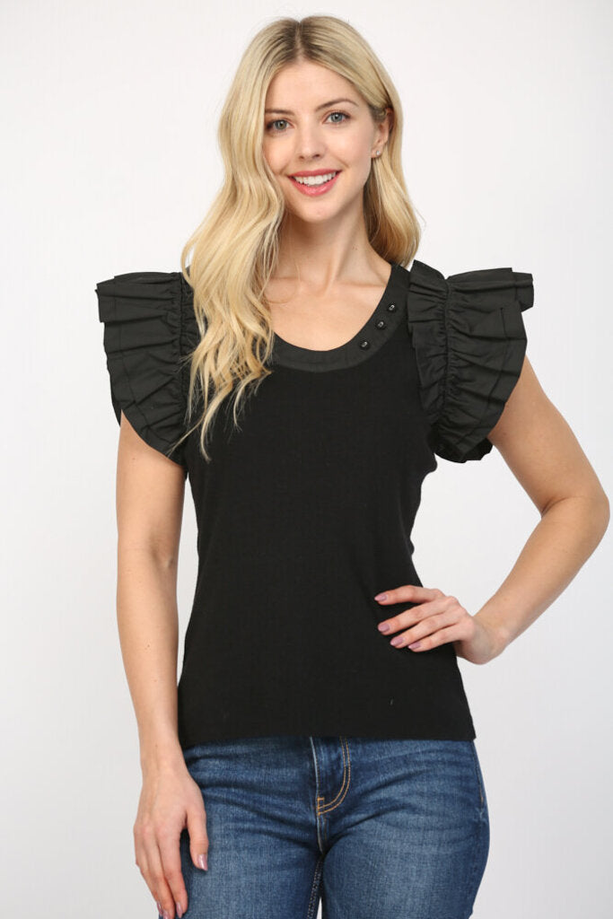 FATE Black Ruffle Short Sleeves Fitted Sweater Top