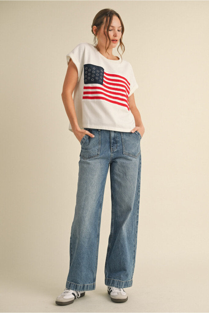 JODIFL White Cuffed Short Sleeves Patch American Flag Top