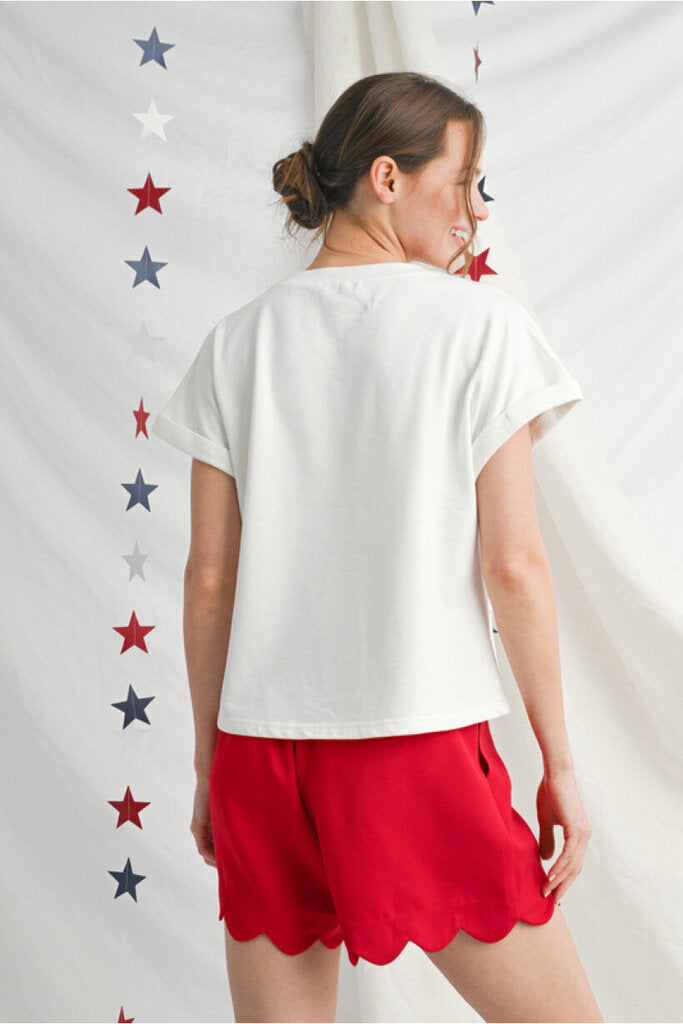 JODIFL White Cuffed Short Sleeves Patch American Flag Top