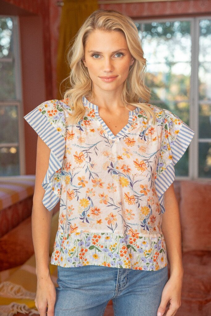 VOY White and Multi Floral Ruffle Short Sleeve Top