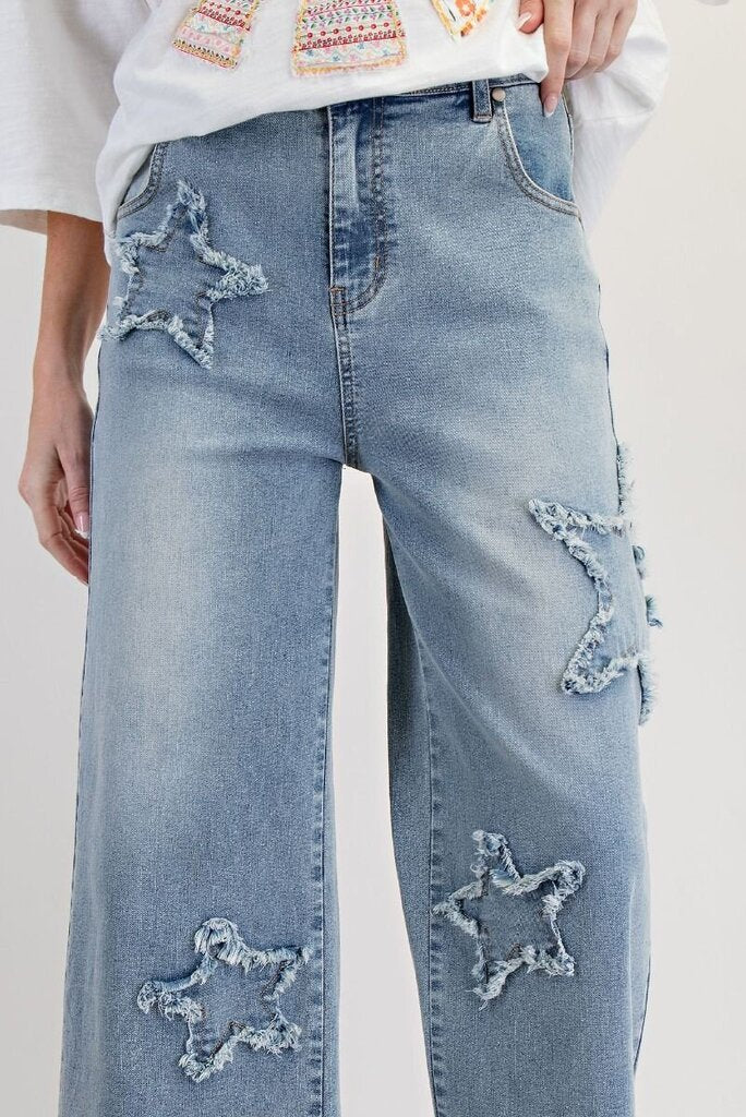 EASEL Denim High Waisted Star Patch Washed Denim Jeans
