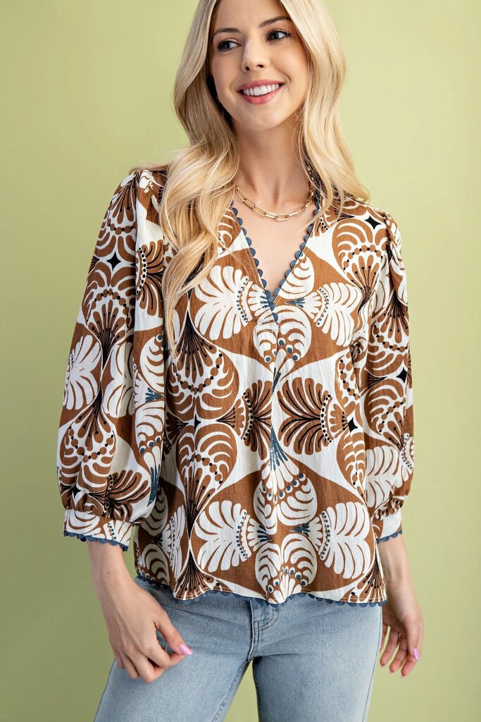 GIGIO Brown Printed V-Neck Mid-Sleeves Pullover Top