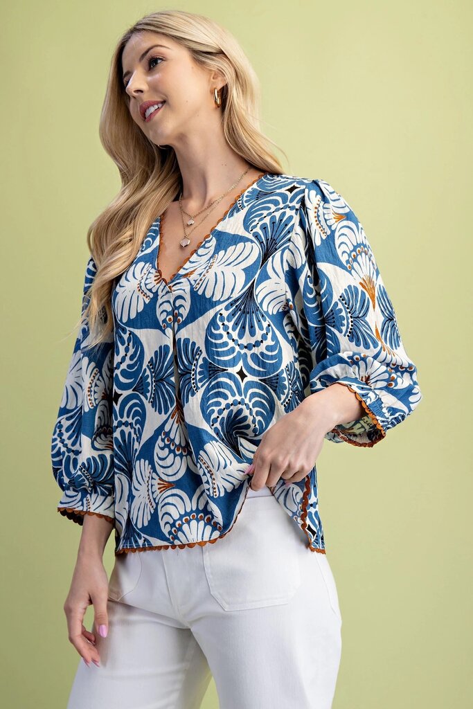 GIGIO Blue Printed V-Neck Mid-Sleeves Pullover Top
