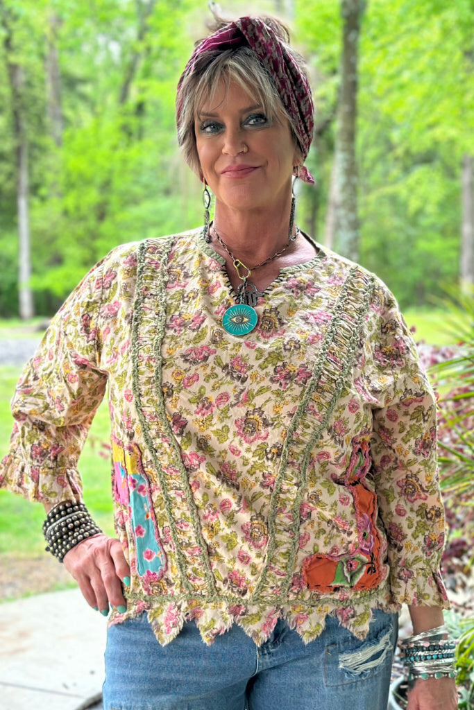 JADED GYPSY Floral Printed Mid Sleeve Dessert Winds Cotton Top