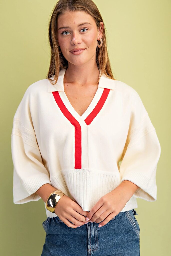 GIGIO Cream Collared Contrasting Red Stripe Sweater Top