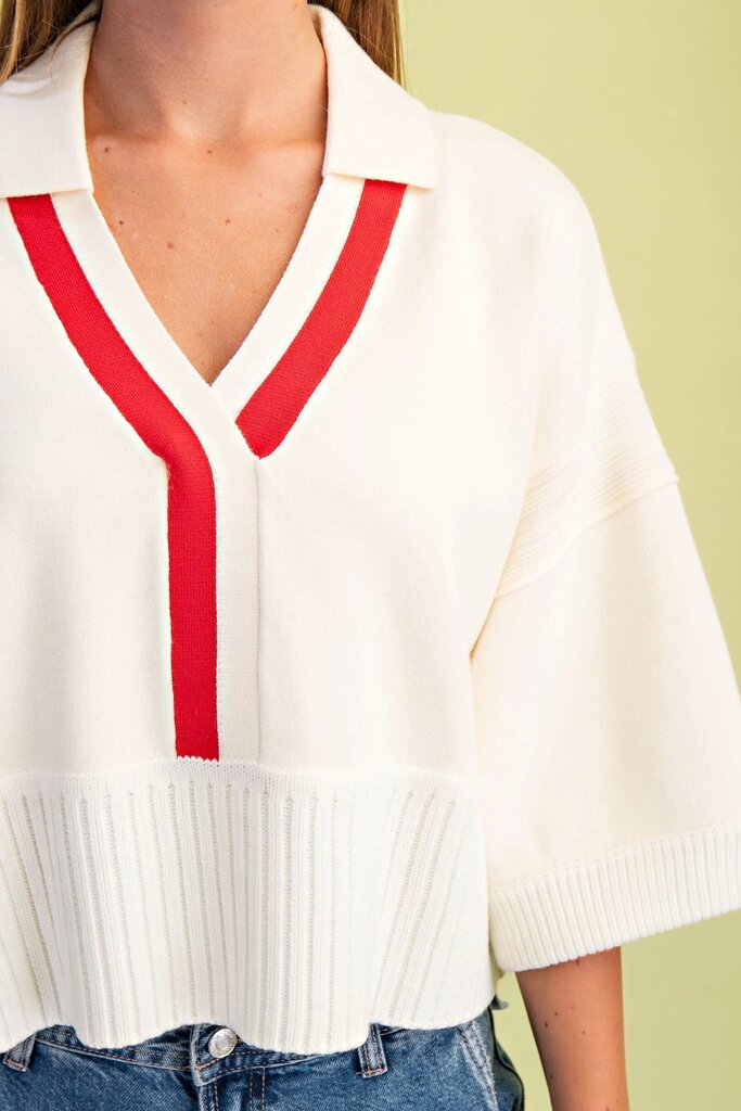 GIGIO Cream Collared Contrasting Red Stripe Sweater Top