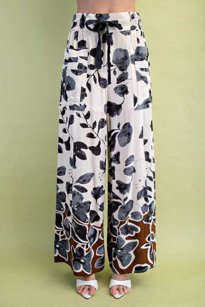 GIGIO Cream Charcoal Mixed Leaf Print Wide Leg Pant