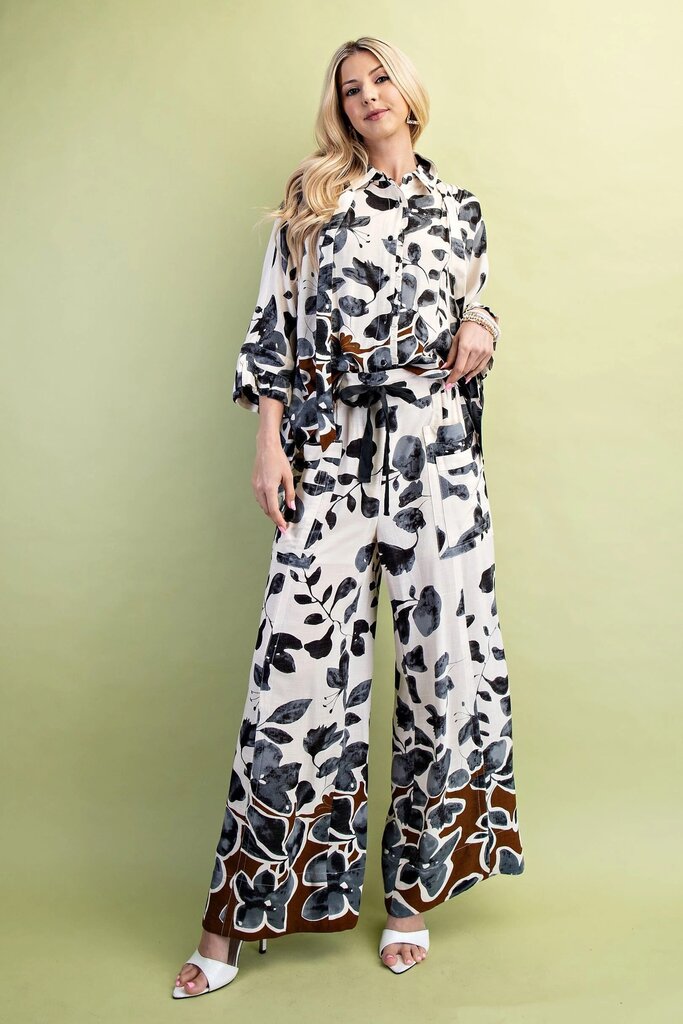 GIGIO Cream Charcoal Mixed Leaf Print Wide Leg Pant