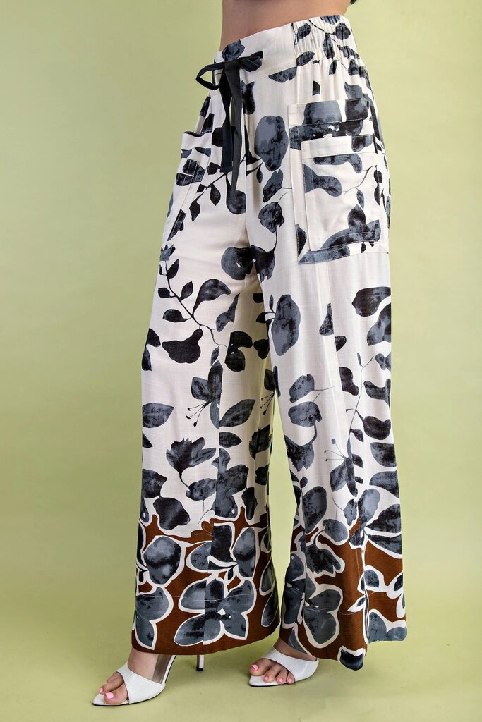GIGIO Cream Charcoal Mixed Leaf Print Wide Leg Pant
