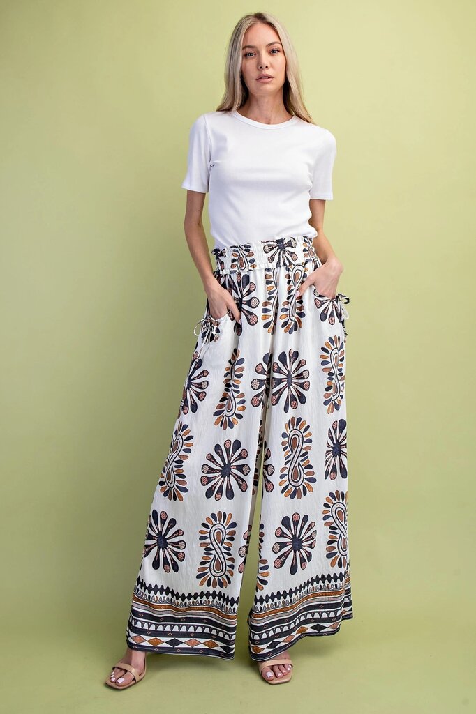GIGIO White and Grey Mix Print Smocked Waist Wide Leg Pant