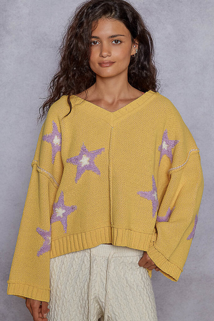 POL Mustard V-Neck Long Sleeve with Purple Stars