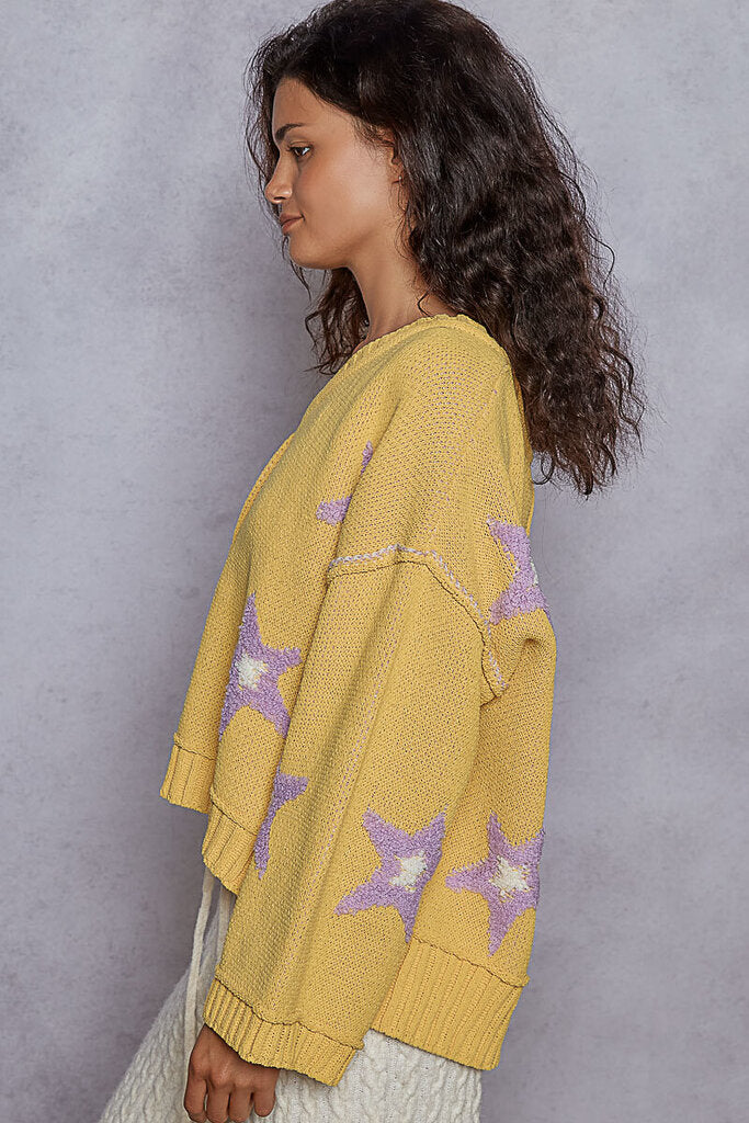 POL Mustard V-Neck Long Sleeve with Purple Stars