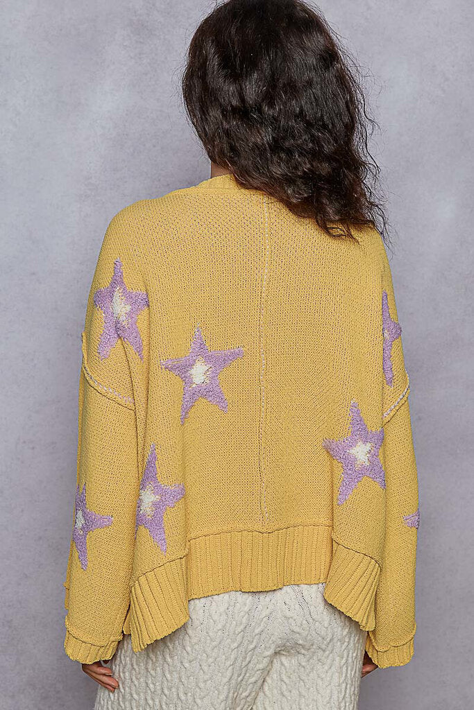 POL Mustard V-Neck Long Sleeve with Purple Stars