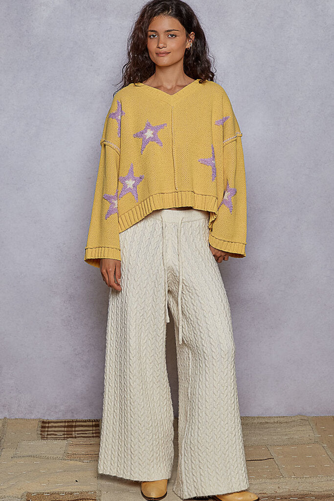 POL Mustard V-Neck Long Sleeve with Purple Stars
