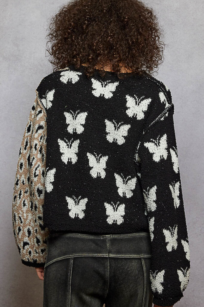 POL Black and khaki Butterful and Leopard Long Sleeve Sweater
