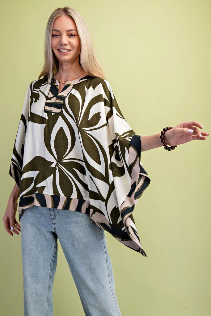 GIGIO Leaf Print Olive Mix Kaftan Sleeve Top