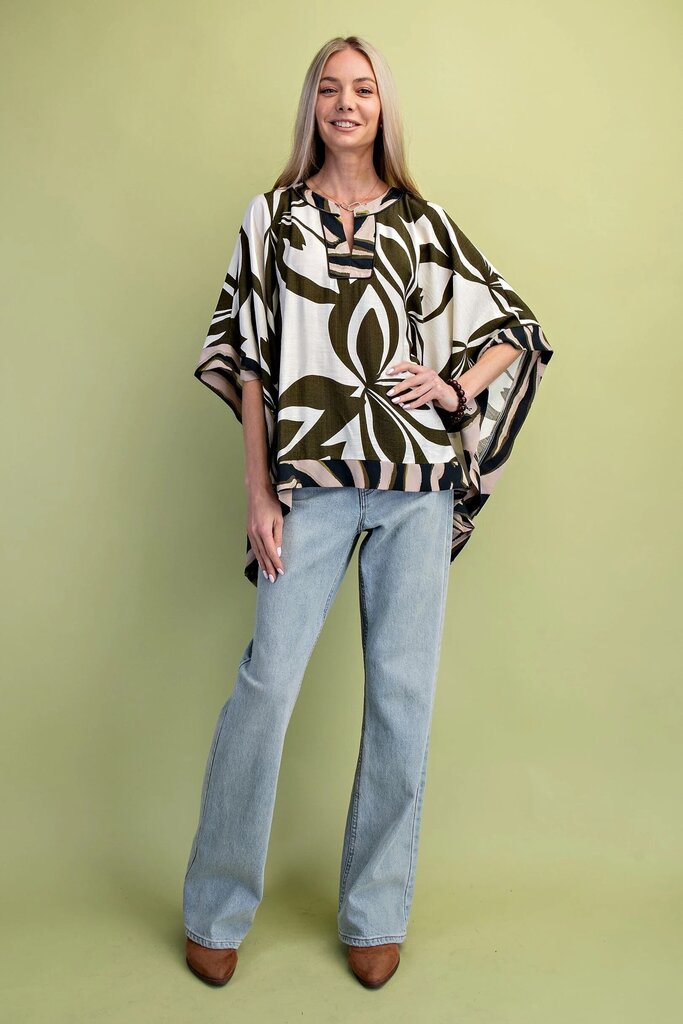 GIGIO Leaf Print Olive Mix Kaftan Sleeve Top