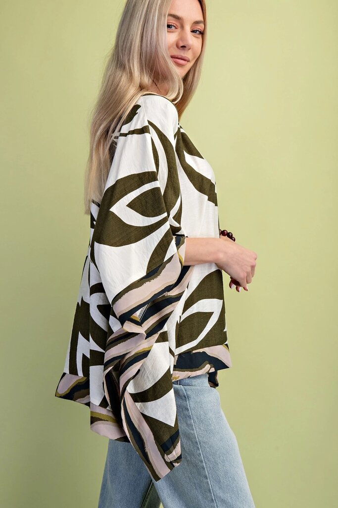 GIGIO Leaf Print Olive Mix Kaftan Sleeve Top