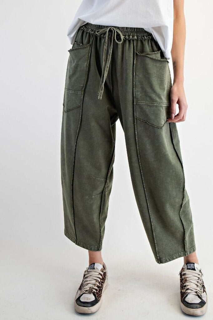 EASEL Green Mineral Wash Barrel Terry Lounge Pant