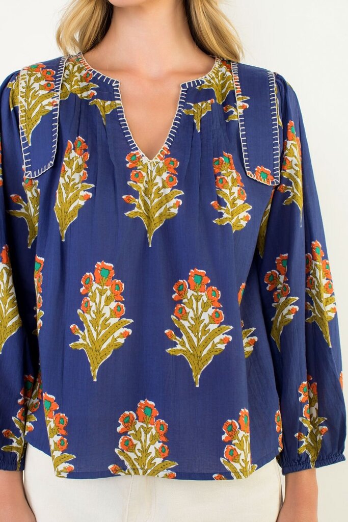 THML Navy Long Sleeve V-Neck Mixed Floral with Stitch Detail Top