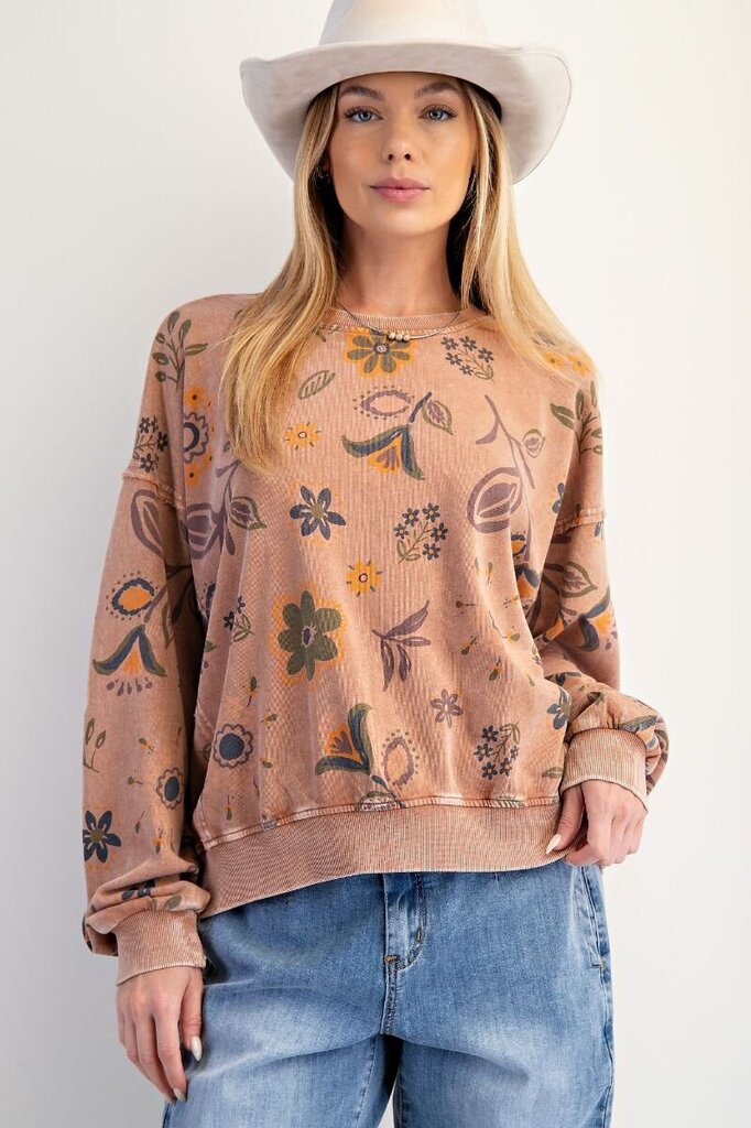 EASEL Mocha Mineral Wash Long Sleeve Floral Print Terry Pullover Top