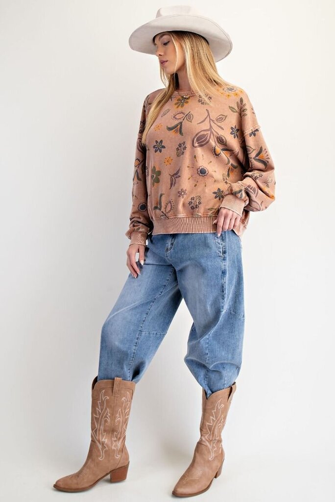 EASEL Mocha Mineral Wash Long Sleeve Floral Print Terry Pullover Top