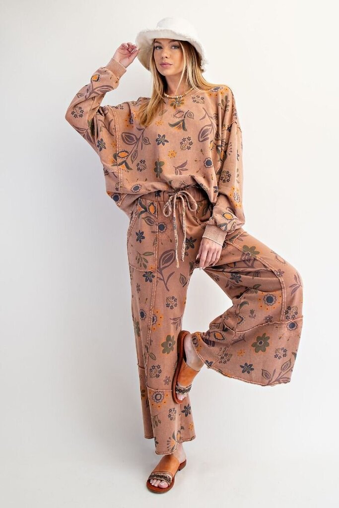 EASEL Mocha Mineral Wash Long Sleeve Floral Print Terry Pullover Top