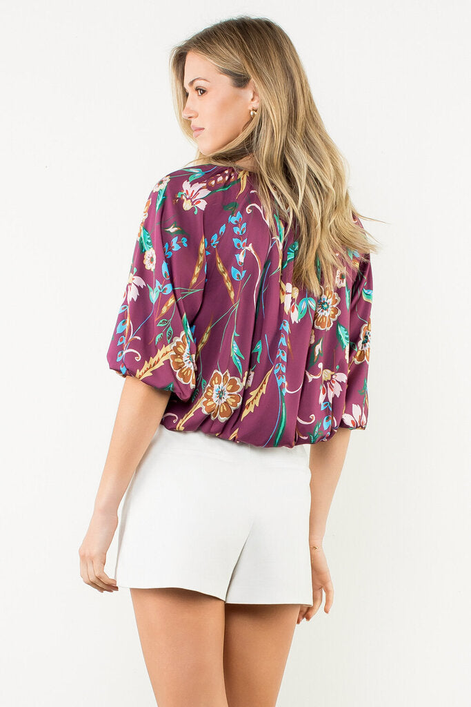 THML Wine Floral Boatneck Balloon Sleeve Top