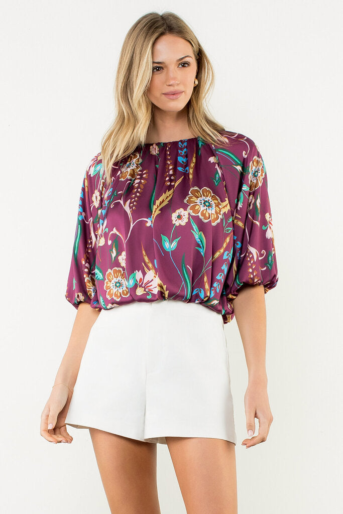 THML Wine Floral Boatneck Balloon Sleeve Top