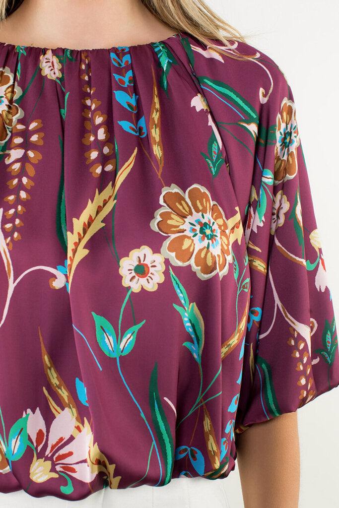 THML Wine Floral Boatneck Balloon Sleeve Top