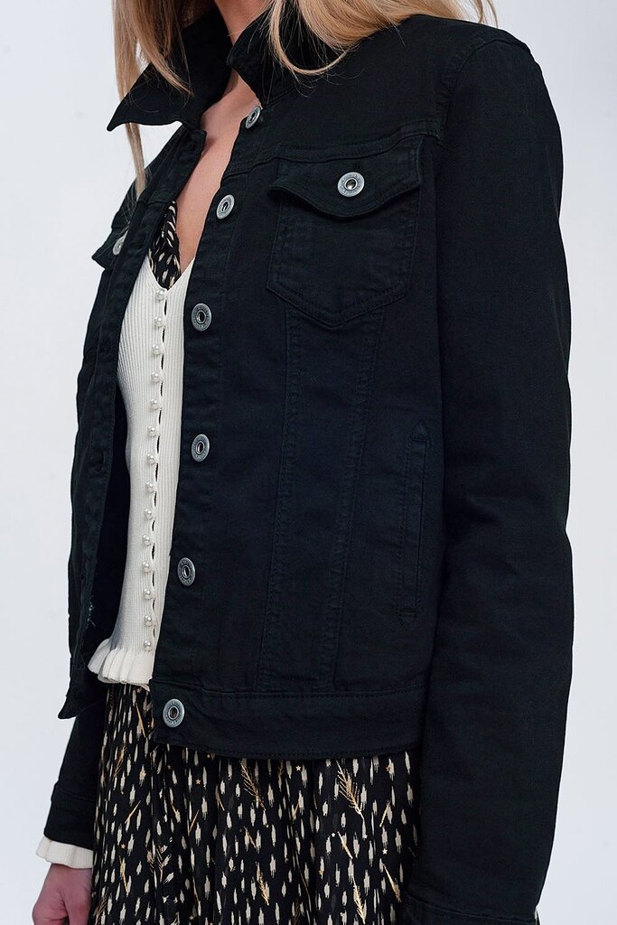 Q2 Black Stretch Trucker Denim Jacket