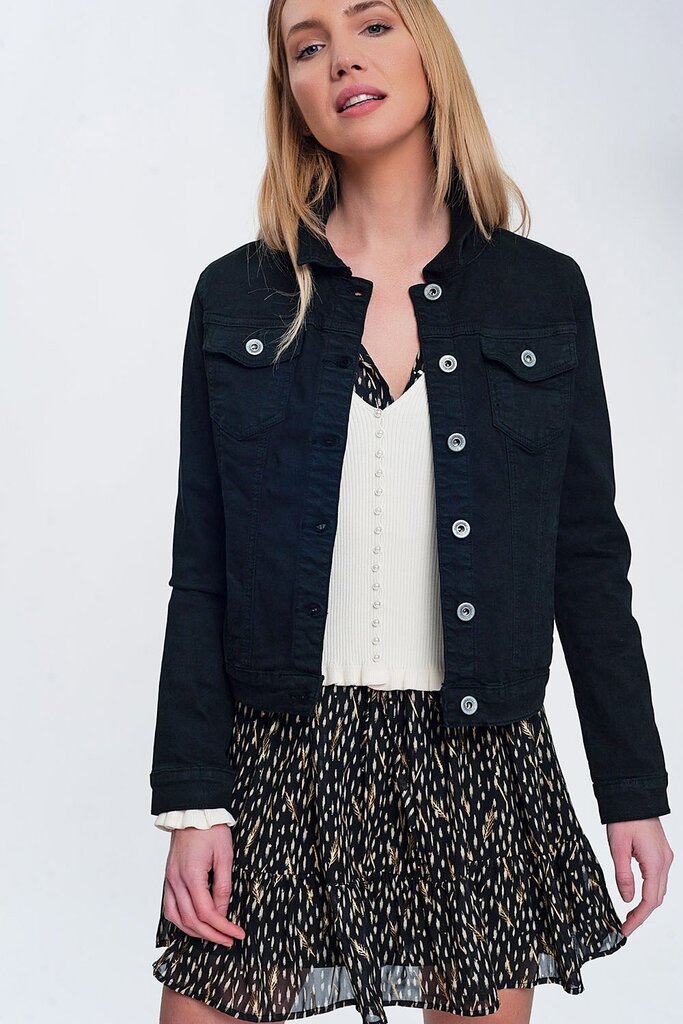 Q2 Black Stretch Trucker Denim Jacket