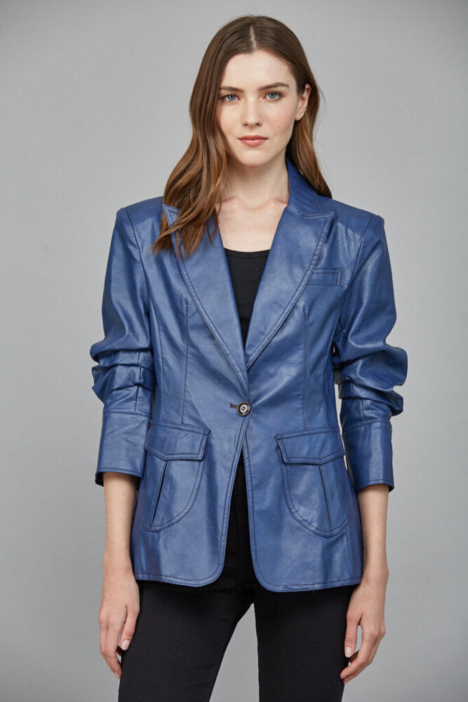 FATE Deep Blue Pleather Scrunch Sleeve Blazer Jacket