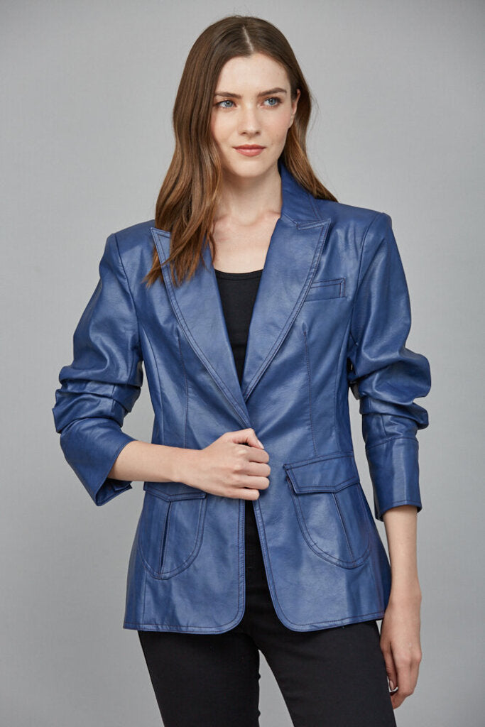 FATE Deep Blue Pleather Scrunch Sleeve Blazer Jacket