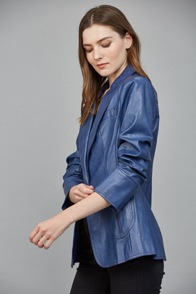 FATE Deep Blue Pleather Scrunch Sleeve Blazer Jacket