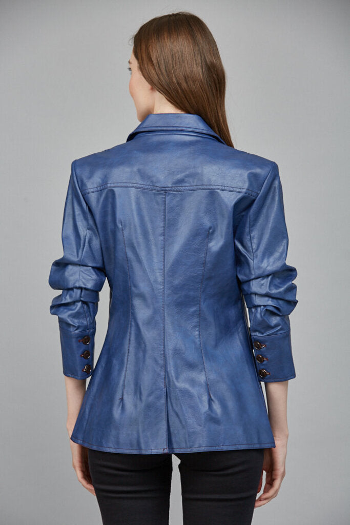 FATE Deep Blue Pleather Scrunch Sleeve Blazer Jacket