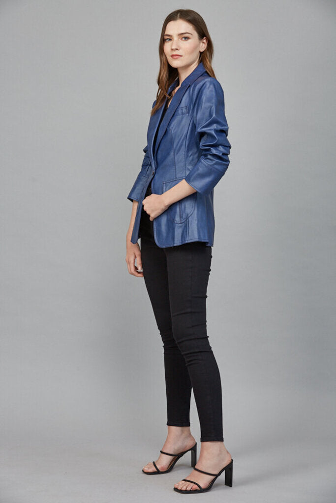 FATE Deep Blue Pleather Scrunch Sleeve Blazer Jacket