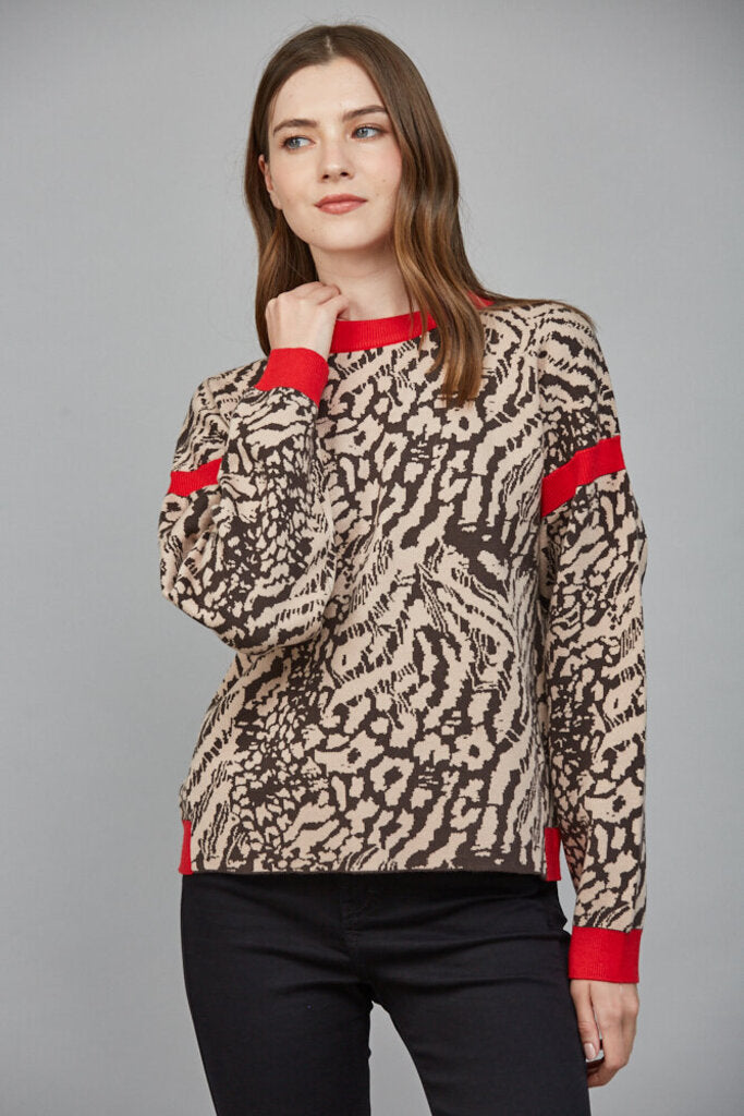 FATE Tan and Brown with Red Trim Sweater