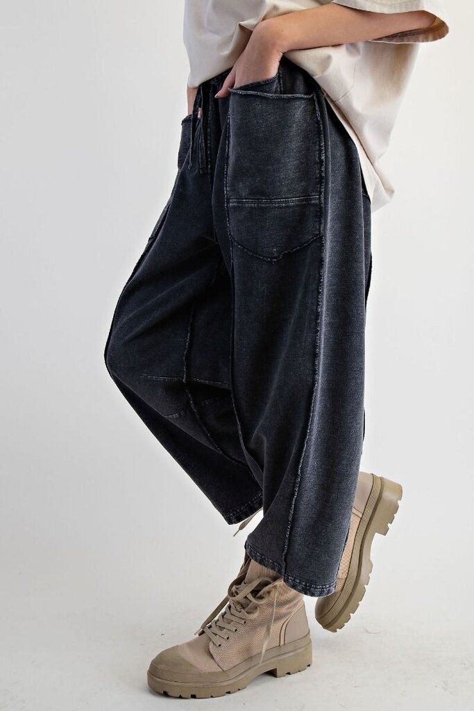 EASEL Black Mineral Wash Barrel Terry Lounge Pant
