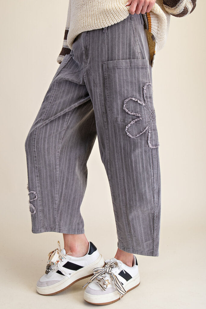 EASEL Grey Daisy Patch Corduroy Barrel Pants