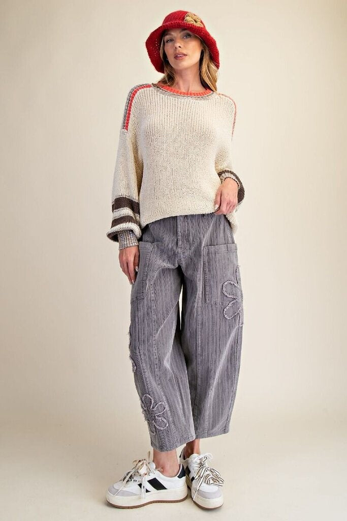 EASEL Grey Daisy Patch Corduroy Barrel Pants