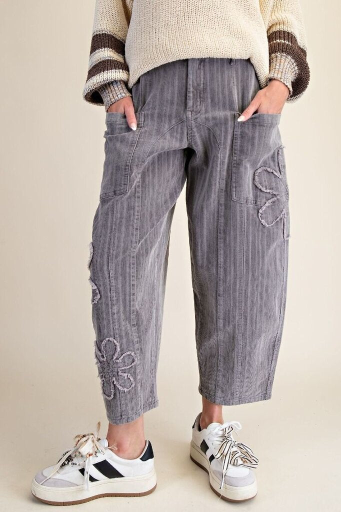 EASEL Grey Daisy Patch Corduroy Barrel Pants