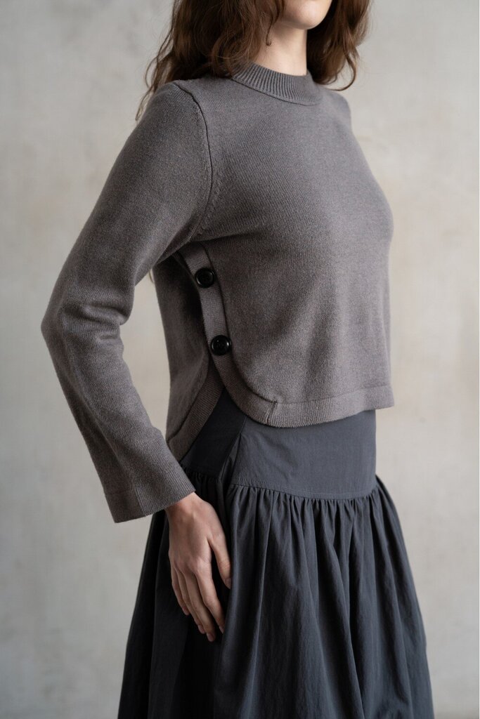 ELLE GREY Grey Side Button Crew Neck Sweater