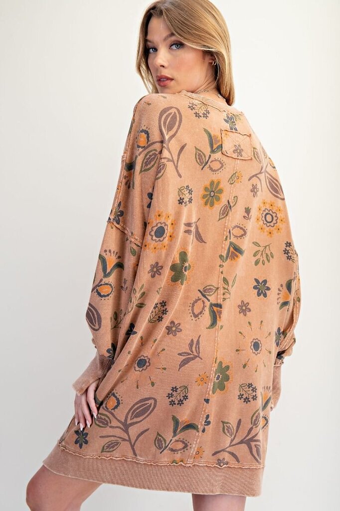 EASEL Mocha Floral Mineral Wash Long Sleeve Dress