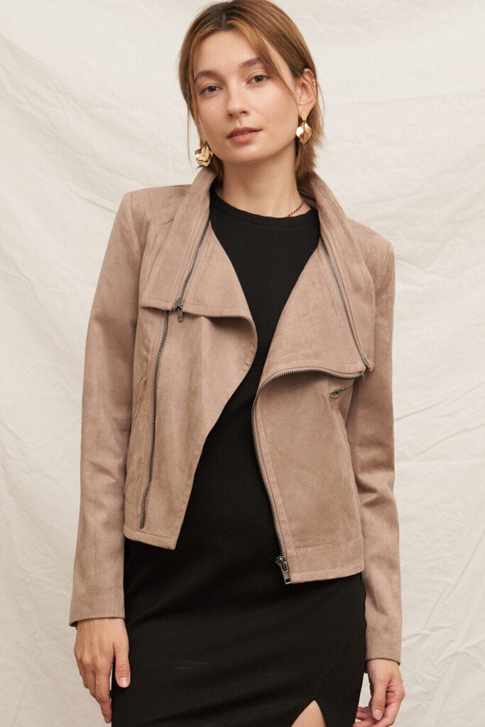 EN CREME Taupe Faux Suede Moto Jacket